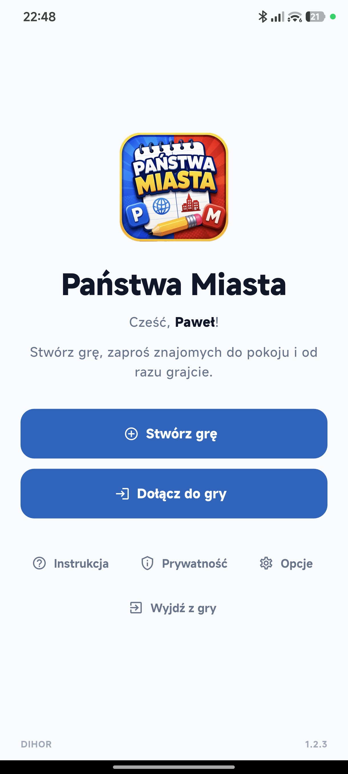 Ekran startowy aplikacji Państwa Miasta