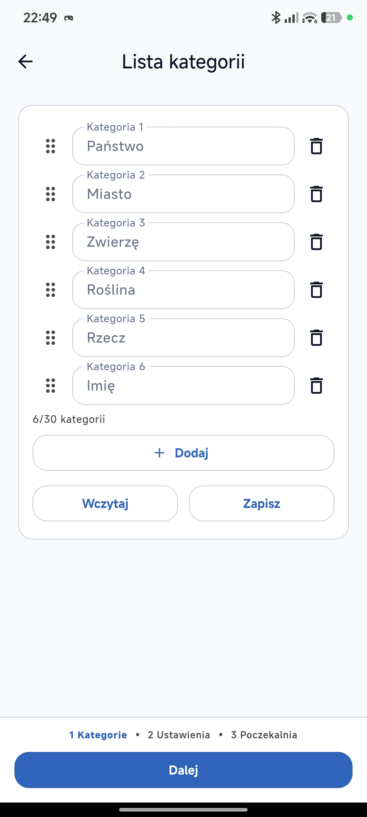 Ekran wyboru kategorii gry