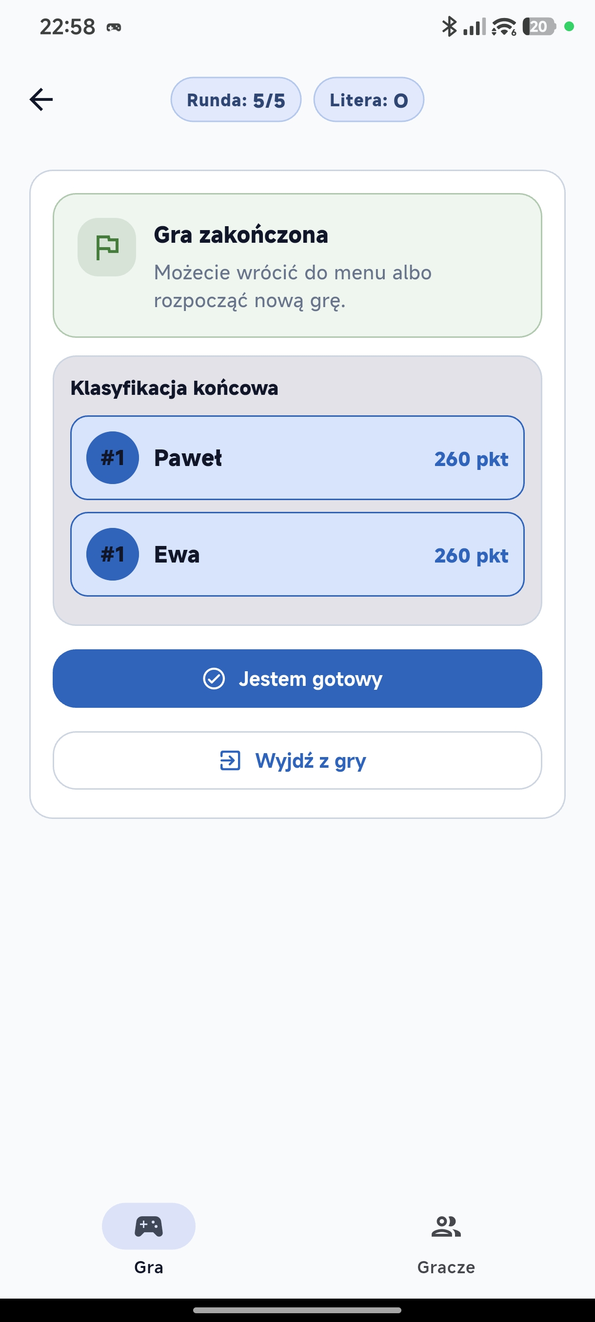 Wyniki końcowe gry